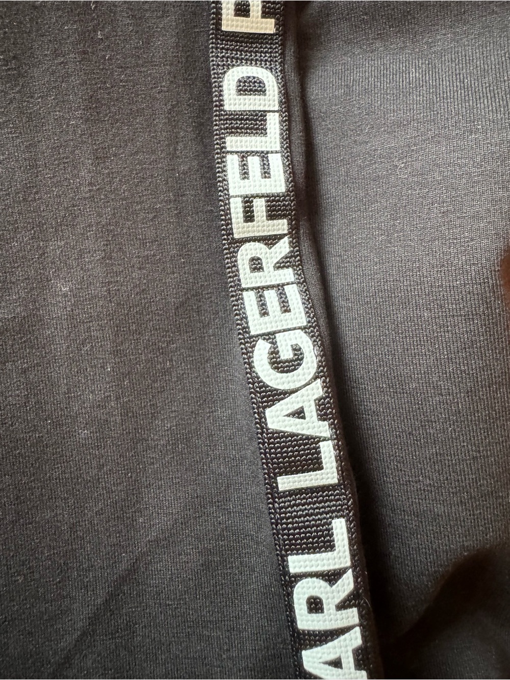 Karl Lagerfeld woman’s Black Side-Stripe Leggings. NWOT. Size L. Stretched - Picture 2 of 4